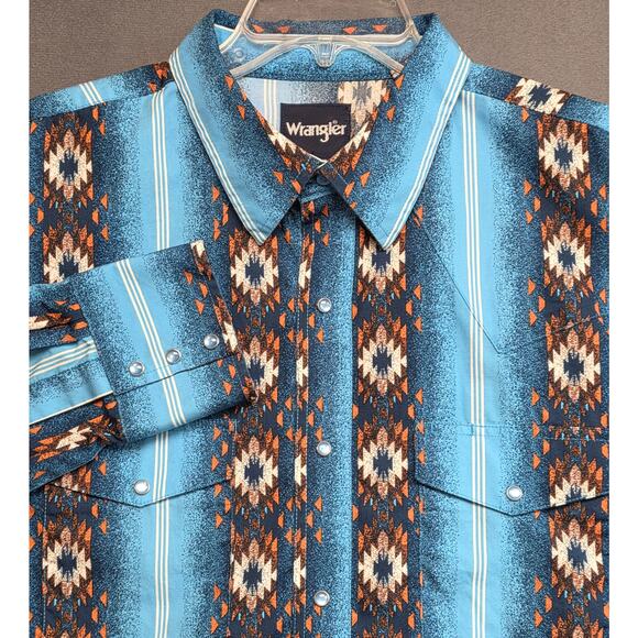 Wrangler Other - Wrangler Pearl Snap Shirt XL Southwestern Aztec‎ Mens Long Sleeve Blue